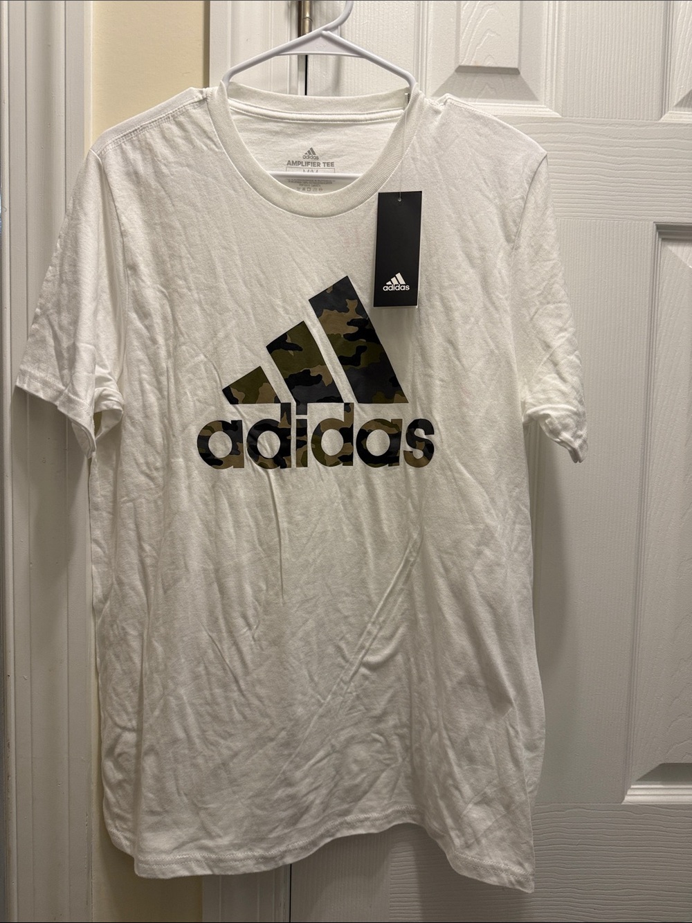 Mens adidas White Short Sleeve Tee with Camo Logo